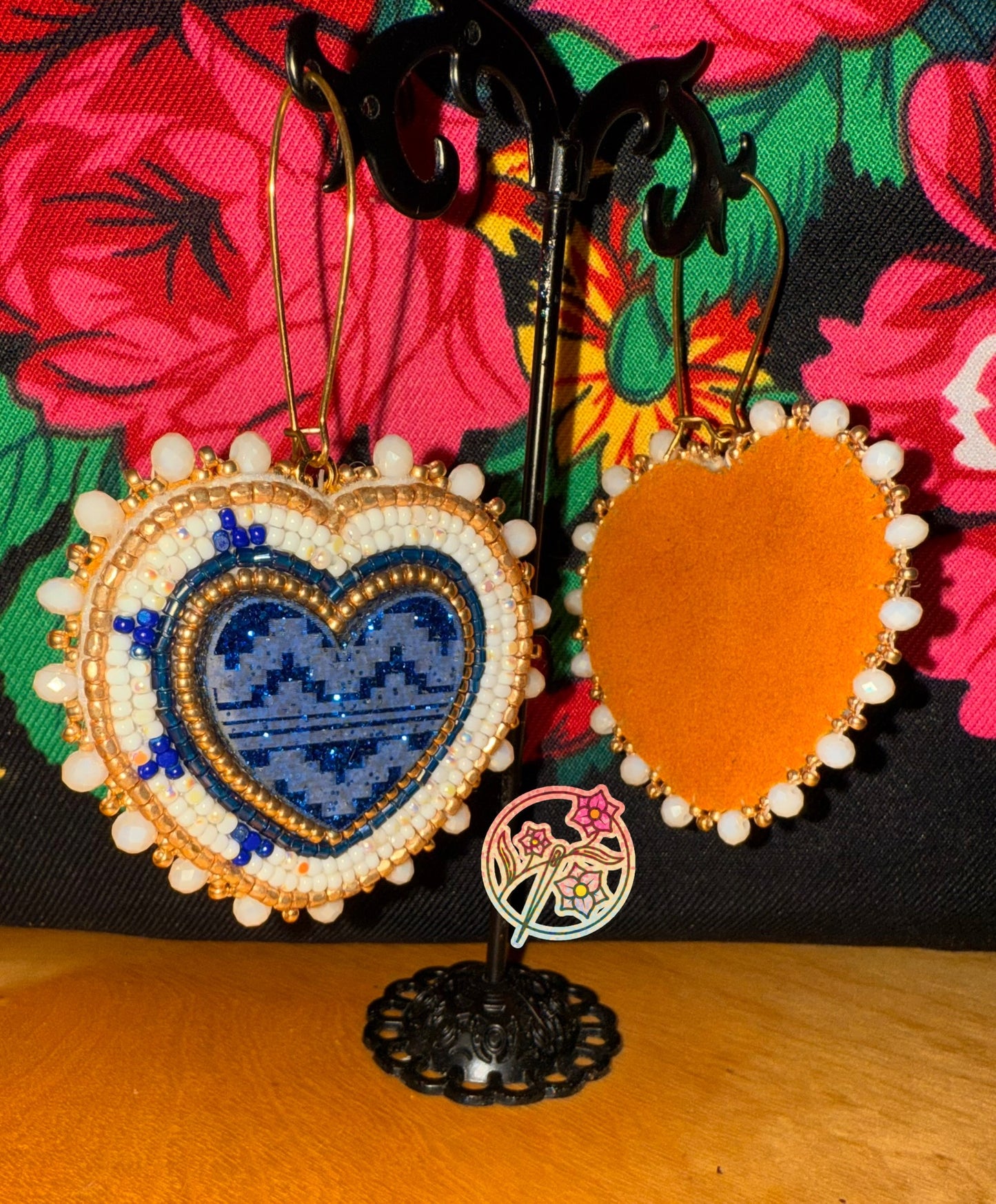 Blue “basket heart” beaded earrings