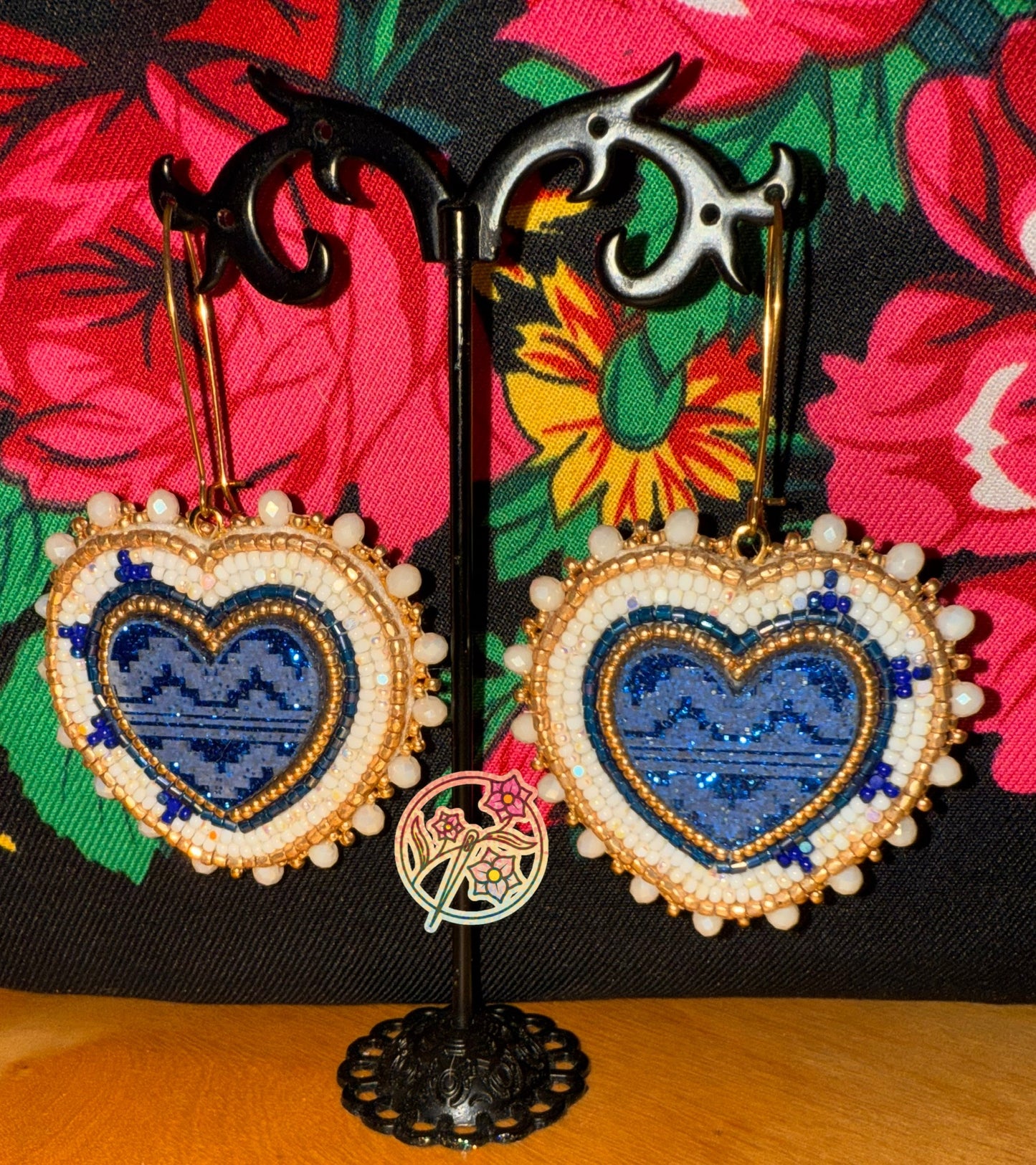 Blue “basket heart” beaded earrings