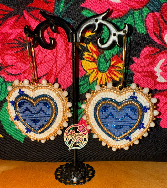 Blue “basket heart” beaded earrings